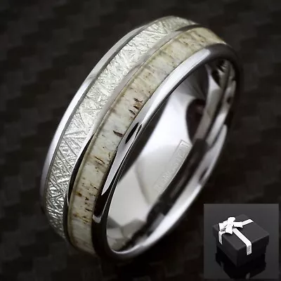 8mm Silver Tungsten Deer Antler & White Meteorite Men's Wedding Band Ring • $17.99