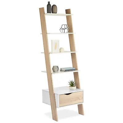 Ladder Bookcase Leaning Bookshelf Tall Display White & Oak Wood Effect | VonHaus • £119.99