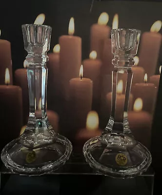 VINTAGE Royal Crystal Rock PAIR OF LEAD CRYSTAL CANDLESTICK HOLDERS W/stickers • $12.99