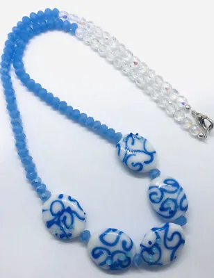 Beautiful Chinese Cobalt Blue Beaded Necklace Light Blue Crystal Vintage Jewelry • $29.99