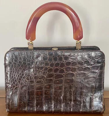 Vtg Vassar Handbag Genuine Alligator Skin Purse Brown With Beautiful Handle! • $249.99