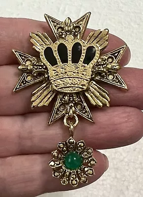 Vintage Ornate Heraldic Maltese Cross & Crown Brooch With Floral Charm Dangle • $7.99