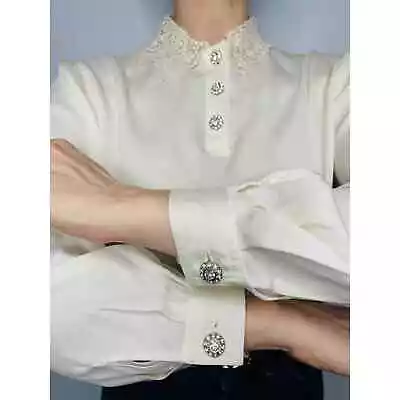 80s Valentino Cream Lace Collar Jeweled Button Blouse • £145.97