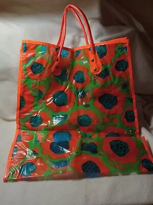 VTG Clear Plastic Floral Tote Orange 1970s Hippie Mod Shopping Beach Bag (R269) • $18.99