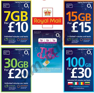 O2 SIM Card Pay As You Go Classic & Big Bundle O2 BEST DEAL  7GB 20GB 30GB 100GB • £0.99