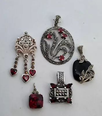 Lot Of 5 Vintage Sterling Silver Pendants With Marcasites & Gemstones • $28.98