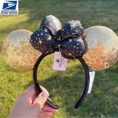 Disney Parks Minnie Mouse Ears Black & Gold Bow Polka Dot Sequin Headband NEW • $15.89