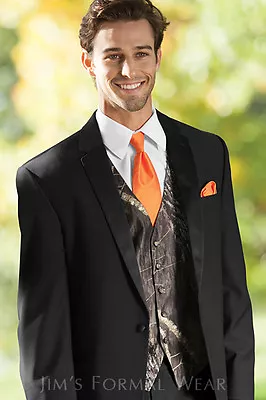 NEW Men's Mossy Oak Camo Tuxedo Vest Orange Tie Hankie Camouflage REAL POCKETS • $69.95