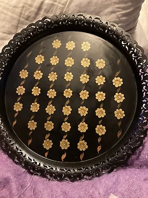 Vintage Metal Tray Black W/ Gold Flowers Scalloped Edge 15x15 Round • $17.95