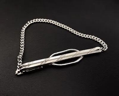 Vintage Hickok Engraved Silvertone Tie Clasp W/ Chain 2 1/4” • $11.50