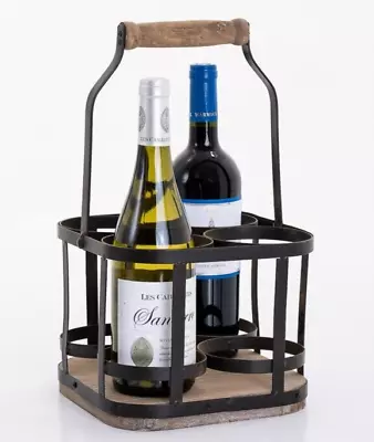 Vintage Style Distressed Metal & Wood 4 Section Milk / Wine Bottle Holder Crate • £24.99