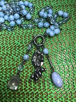 VINTAGE KAARI MENG NYC CHAIN STRUNG BLUE GLASS BEAD Charm NECKLACE • $26