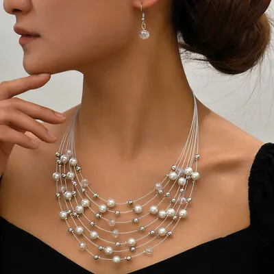 Women 925 Silver Pearl Multilayer Necklace Drop Earrings Wedding Jewelry Set • $3.57
