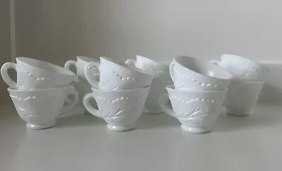 Vintage Indiana Milk Glass Pebble Leaf Pattern Footed Punch Bowl Cups- Set Of 8 • $24.95