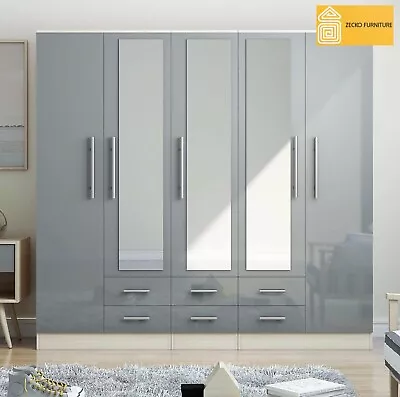 Modern 5 Door Fitment Mirrored Wardrobe In High Gloss Grey With 6 Drawers. • £469.99