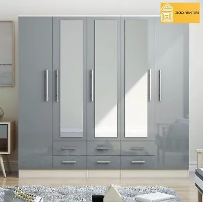 £445.99 • Buy Modern 5 Door LARGE Fitment Mirrored Wardrobe In HIGH GLOSS GREY With 6 Drawers.