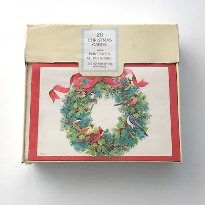 VTG Christmas Cards Green Wreath Birds Red Bow Box Of 20 Grand Award NOS Sealed • $20