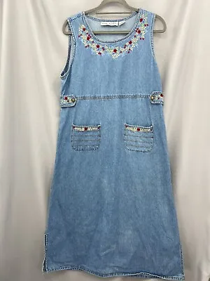 Vintage Jane Ashley Denim Jumper Dress Womens PL Maxi Floral Embroidered Pockets • $30