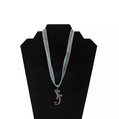 Vietsway Pewter Gecko Lizard Charm Blue Ribbon Double Strand Pendant Necklace • $15
