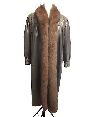 80s J. Percy For Marvin Richards Jacket Large Duster Leather Coat Fur Trimmed • $225