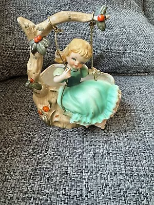 Vintage Napco Planter Blonde Girl On Tree Branch Swing Dress Japan Flowers 6.25” • $27