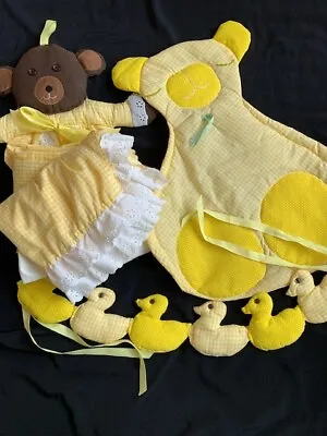 Vintage Yellow Gingham Set: Ruffled Crib Skirt Diaper Stacker Ducks Bear Deco • $39.50