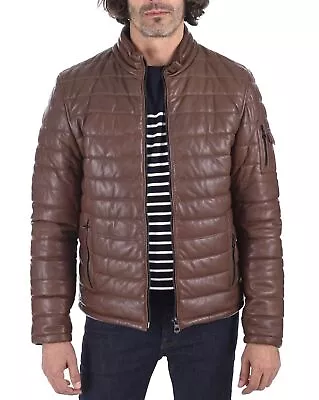 Men's Genuine Leather Quilted Padded Coat Brown Winter Jacket- No Goose Feather • $169.15