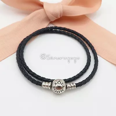 $64 • Buy PANDORA Dark Navy Blue Braided Double Leather Charm Bracelet 38cm #590745CDB