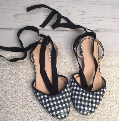 $29.99 • Buy J. Crew Navy Blue Gingham Slingback Tie Flats Sequins Suede Women’s 8.5