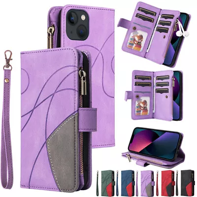 For IPhone 15 14 13 12 Pro Magnetic Leather Zipper Wallet Card Slot Case Cover • $19.99