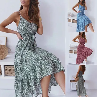 Womens Floral Sleeveless Maxi Dress Summer Holiday Beach Strappy Swing Sundress • £11.89