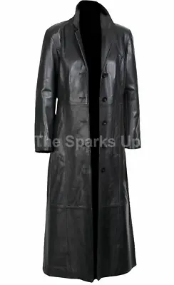 Mens Leather Trench Coat Long Coat For Men Genuine Lambskin Full Length Overcoat • $104.29