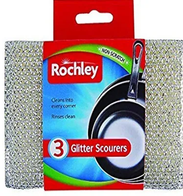  Rochley Glitter Scourers X 3 Rinse Cleans Pans Scourers Non Scratch FREE P&P • £3.89