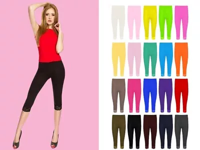 Women's Ladies 3/4 Cropped Lace Leggings Comfy Ladies Casual Pants Plus Sizes Uk • £7.49