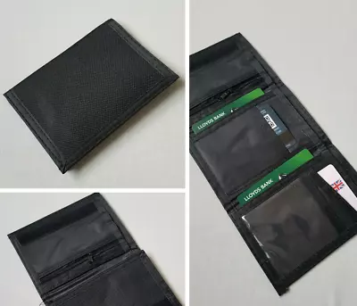 Mens Best Black Wallet Canvas Zip Coin Pocket Pouch Card Holder Clear ID Window • £4.99