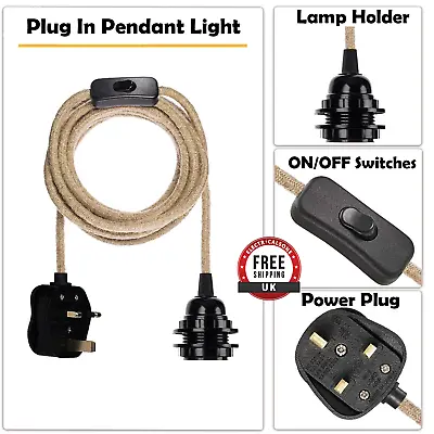 E27 3 Pin UK 3 Core Hemp 2m Cable Plug In Pendant Lamp On/off Switch Light Set • £12.89