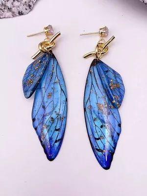 Butterfly Wings Earrings Royal Blue With Rhinestones Gold Top Push Close • $24.45