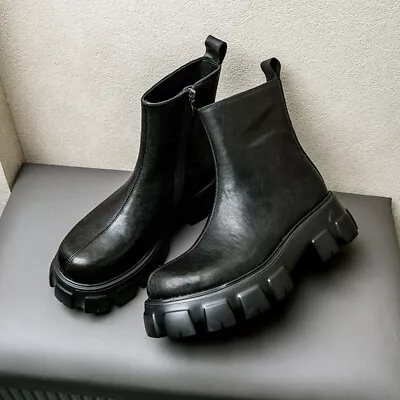 Thick Shoe Sole Mens Round Toe Motorcycle Platform Heel Ankle Boots Real Leather • $143.51