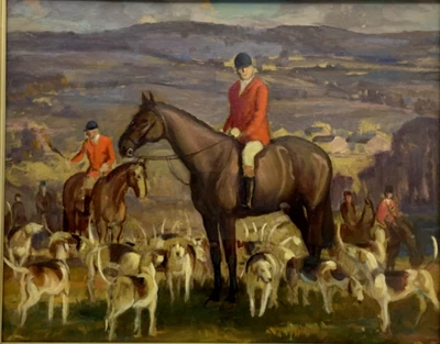 £682 • Buy English School, Original Vintage Oil Paintings Self Portrait & Hunting Landscape