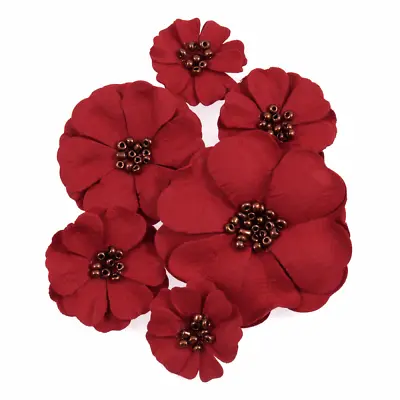 Red Paper Poppy Flower Stickers - Assorted Size X 6 Pieces - Card Embellishment • £2.55