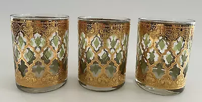 3 Culver VALENCIA 10 Oz Old Fashioned Rocks Lowball Cocktail Glasses Gold 1960s • $45