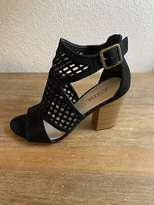 JUSTFABd  Black Stacked Heel Cage Sandal Booties Shoes Woman’s Size 6.5 • $27