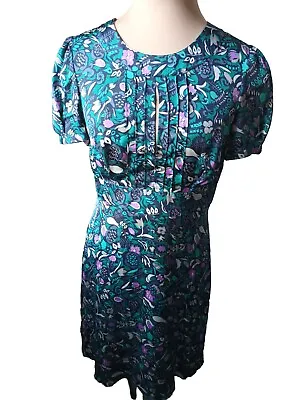 M&S Limited Collection Dress Size 12 Green Pretty Floral Silky Short Sleeve Belt • £7.99