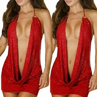 Women Sexy Plunge V Neck Clubwear Party Dress Sleeveless Mini Bodycon Babydoll • $6.99