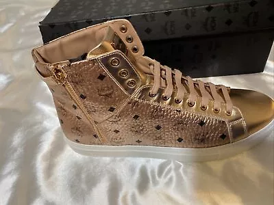 New MCM Champagne Patent Leather Metallic Printed Sneakers Box And Bag Size 12 • $299