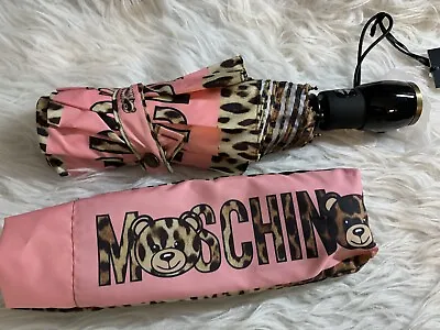 NWT Moschino Bear Retractable Umbrella In Pink Leopard Print 99% UV Protection • $109