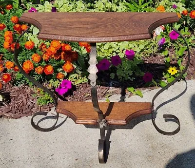 Antique Wrought Iron Leaf And Flowers With Beautiful Oak Wood Fern Plant Stand  • $175