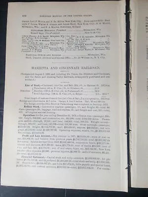 1873 Train Report MARIETTA & CINCINNATI RAILROAD Harmar Hamden Hillsboro OHIO • $10.95