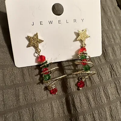 Five Pointed Star Christmas Tree Spiral Dangle Earrings • $9