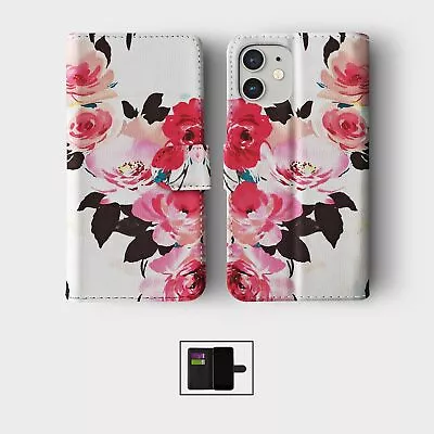 Case For Iphone 15 14 13 12 11 Se Wallet Flip Phone Cover Watercolour Flowers • £8.99